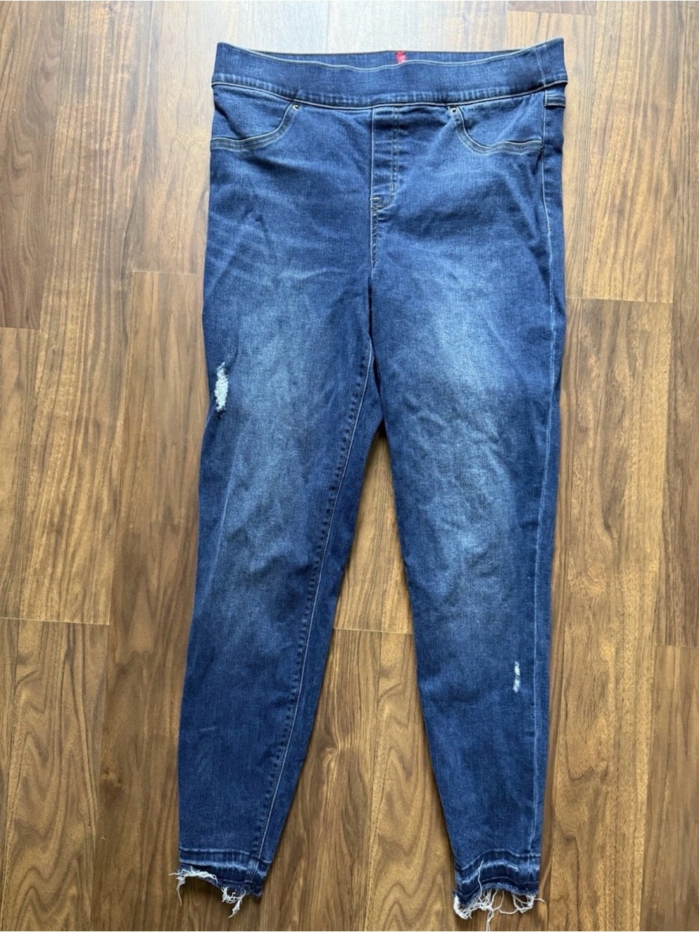 SPANX Pull On Jeans Womens Size Large Blue Skinny Distress Denim Pants